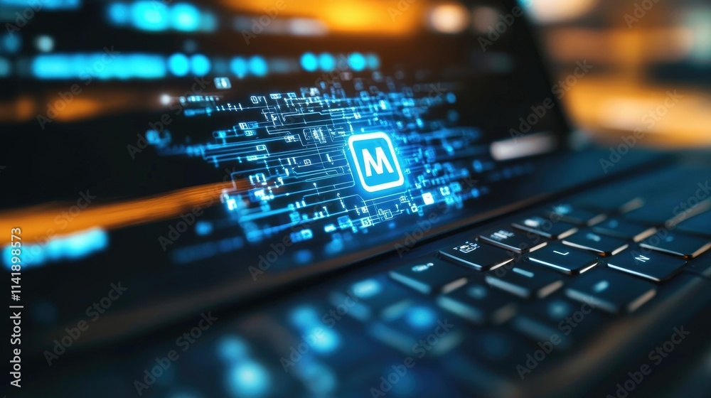 Keyboard on desk with API hologram, symbolizing technology integration Keyboard on desk with API hologram, symbolizing technology integration