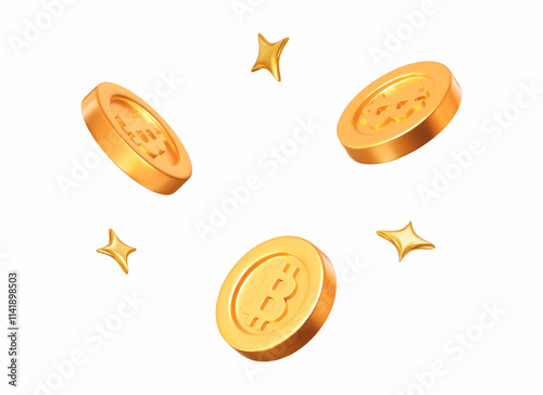 3d flying gold Bitcoins with stars. Stock vector illustration on isolated background.