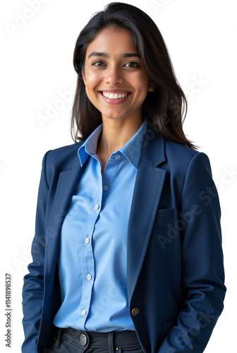 Young Indian Female Teacher with Long Black Hair and Shirt on Transparent Background