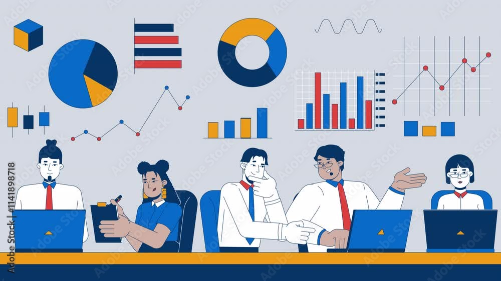 Teamwork data analytics 2D animation. Profits analysts diagram charts ...