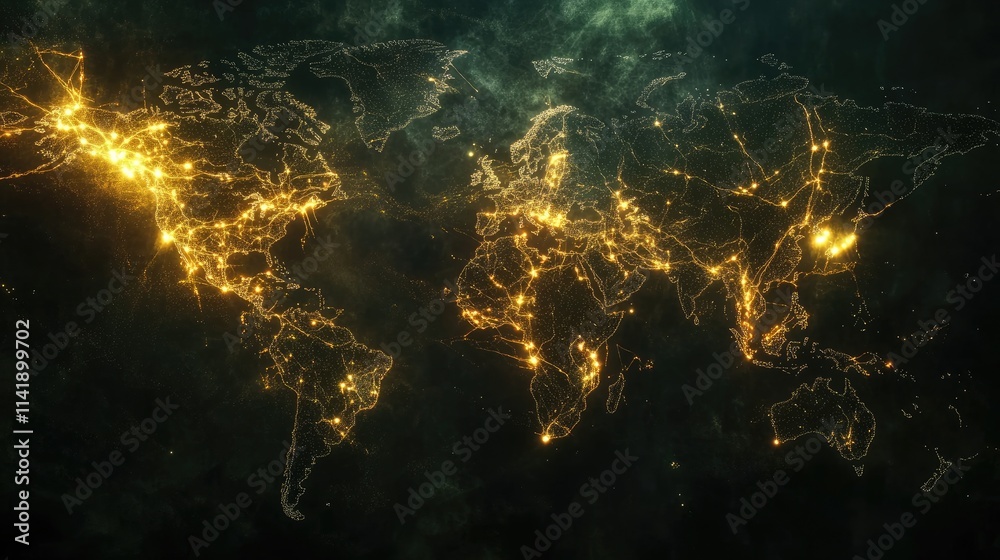 Fototapeta premium World map with digital data processing and illuminated connections on a dark backdrop, representing information flow across borders