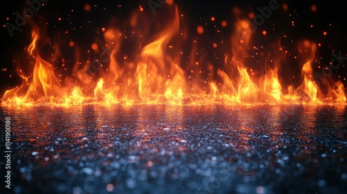 Fiery inferno reflected on wet asphalt; dark background, sparks and embers.