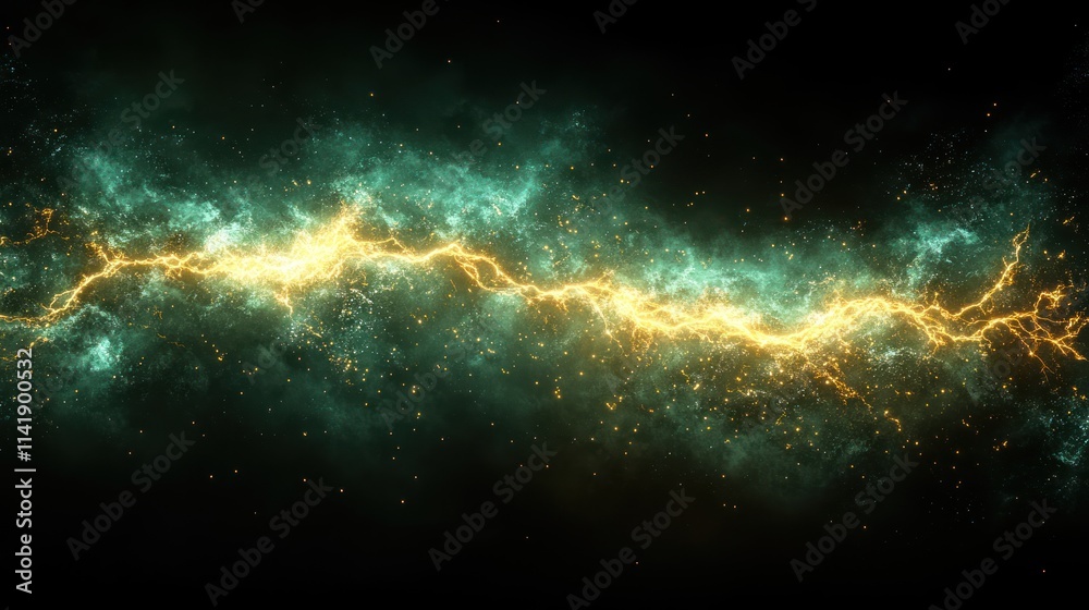 Naklejka premium Abstract energy wave, glowing plasma, teal and gold lightning streaks on dark background.