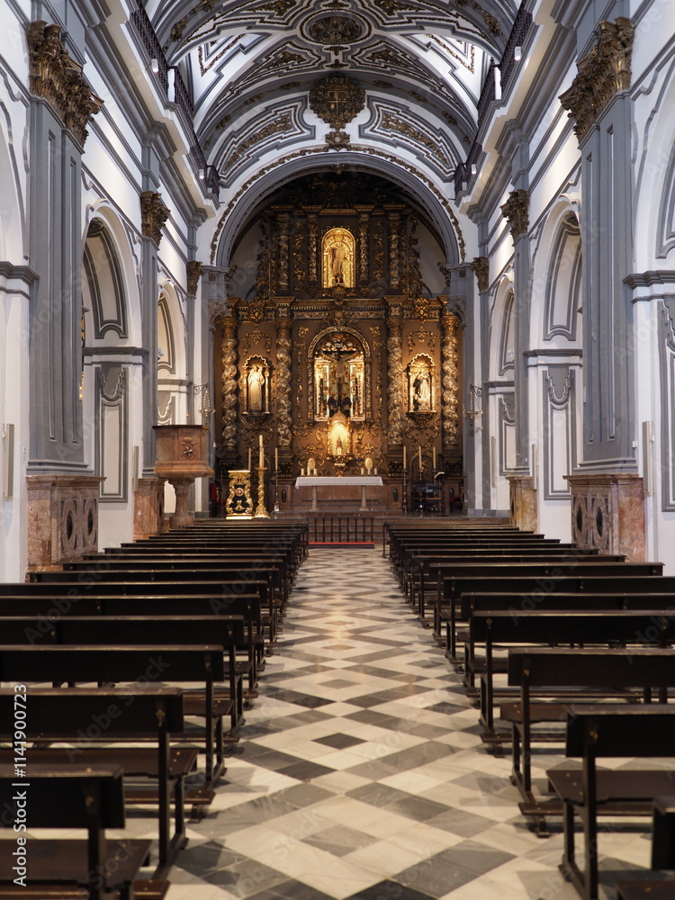 Fototapeta premium Historical interior of San Juan Bautista church in Spain - vertical