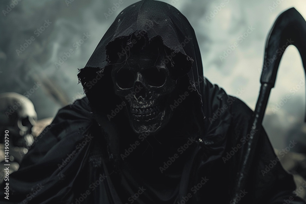 Scary grim reaper with sharp scythe in hell with dramatic background Scary grim reaper with sharp scythe in hell with dramatic background