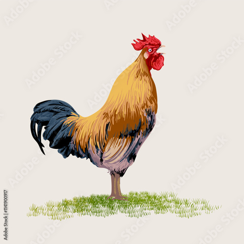 Realistic Rooster cock chicken character symbol hand drawn vector illustration. Poultry farm animal collection isolated on white background.