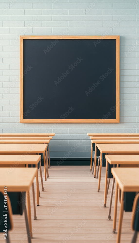 classroom with wooden desks arranged in rows facing blank blackboard, creating calm and focused learning environment classroom with wooden desks arranged in rows facing blank blackboard, creating calm and focused learning environment