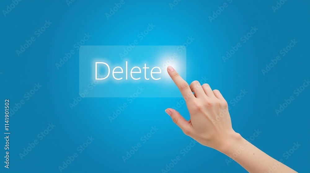 Hand Pressing a Delete Button on a Blue Background. Hand Pressing a Delete Button on a Blue Background.