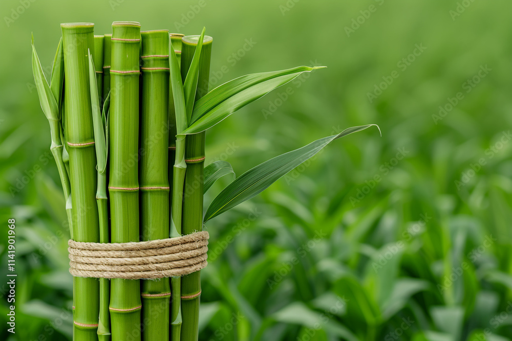 Obraz premium Fresh Bamboo Shoots Bundled Together with Rope on a Farm