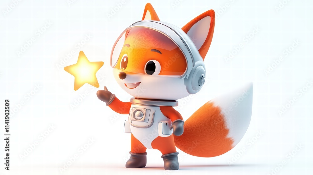 Cute Cartoon Fox Character in Space Suit Holding a Bright Star Cute Cartoon Fox Character in Space Suit Holding a Bright Star