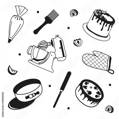 Vector set of cakes and pastry utensils with berries. Pastry food image with mixer and baking pan. Pastry chef day concept.