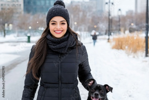 A young woman walking a dog in a snowy park, bundled up in a stylish coat and scarf