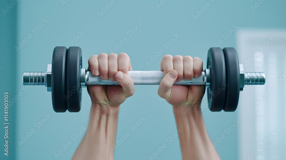 Close-up of a person lifting a dumbbell in a bright gym Close-up of a person lifting a dumbbell in a bright gym