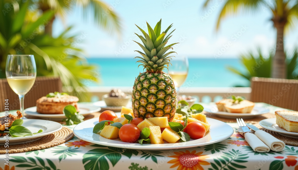 Exotic fruit centerpiece enhances tropical dining experience by the beach during a sunny afternoon Exotic fruit centerpiece enhances tropical dining experience by the beach during a sunny afternoon