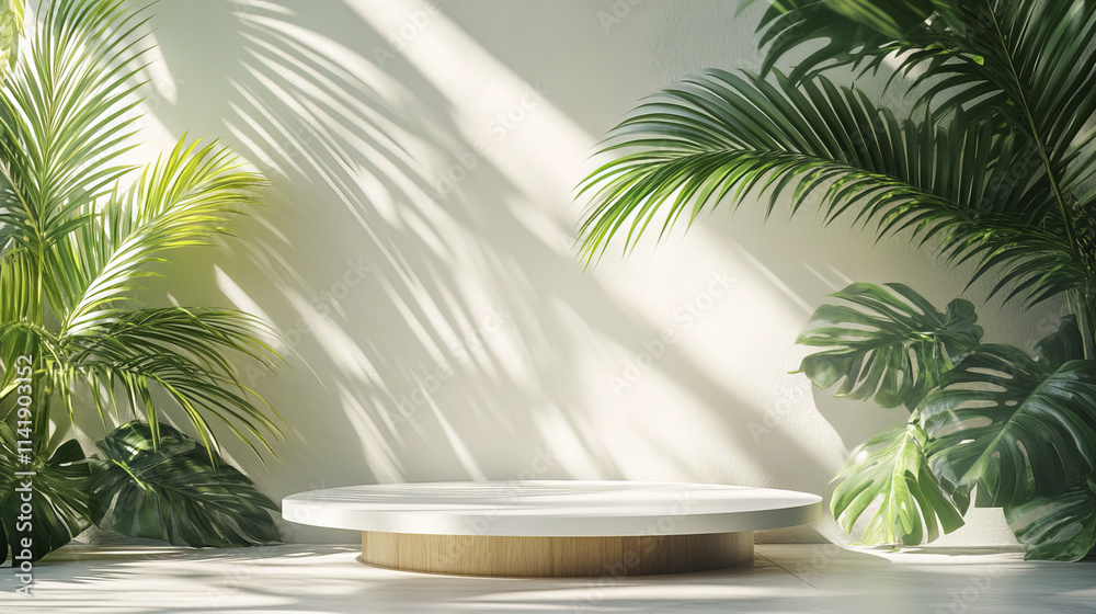 Minimal white podium surrounded by lush green palm leaves, creating serene atmosphere Minimal white podium surrounded by lush green palm leaves, creating serene atmosphere