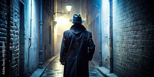 A mysterious figure wearing a black hat, standing in a shadowy alleyway , shadow, mystery, criminal, hat, noir, dark, secretive
