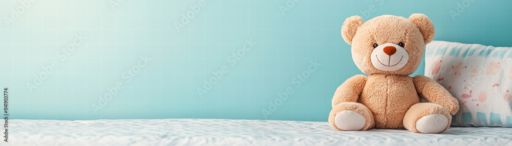 Obraz premium teddy bear sitting on child bed with soft blue wall background, creating cozy and inviting atmosphere for kids