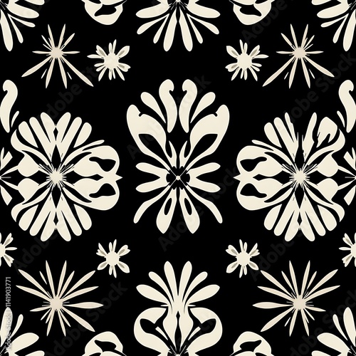 Elegant Black and Cream Floral Damask Pattern 