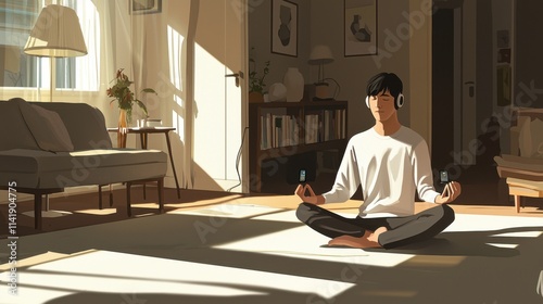 A man practicing guided meditation with a phone app, headphones on, seated cross-legged in his sunlit living room. Soft shadows, minimal furniture, and a relaxed posture tell a story of striving  photo