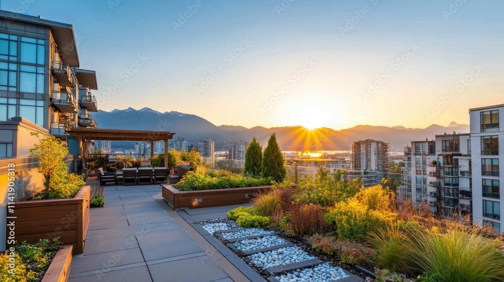 Luxury Rooftop Garden Oasis with Stunning Sunset Cityscape Views Luxury Rooftop Garden Oasis with Stunning Sunset Cityscape Views