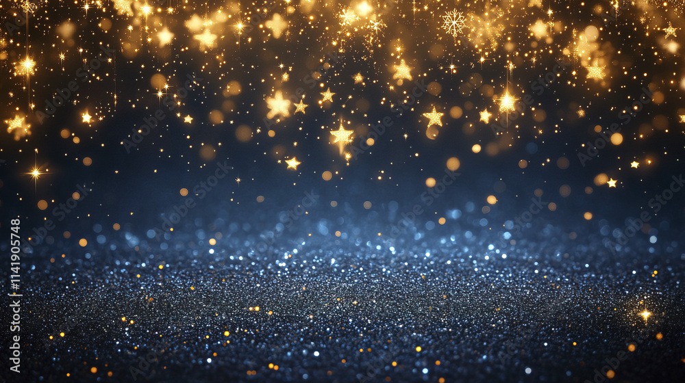 Obraz premium Sparkling golden stars and snowflakes create magical Christmas background