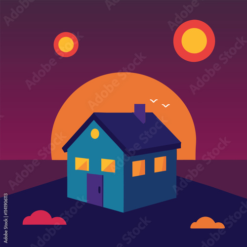 A cartoon illustration shows a cozy home with a glowing door under a starry night sky landscape