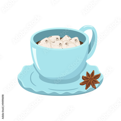 Vector illustration with a cup of winter drink in a blue mug. Image of hot chocolate with marshmallow and anise.