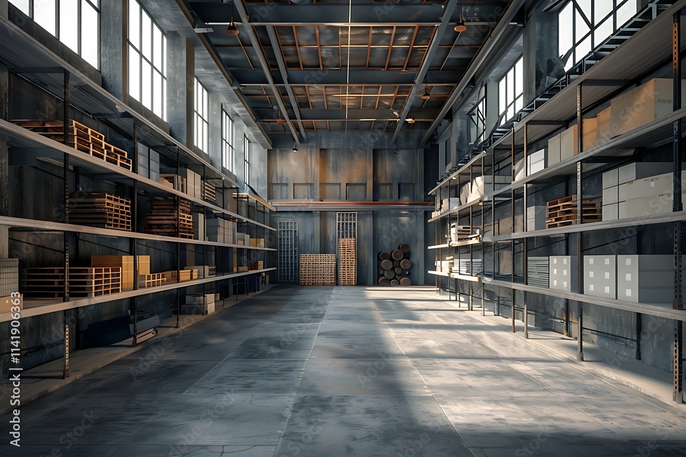 A warehouse with shelves and metal rods A warehouse with shelves and metal rods