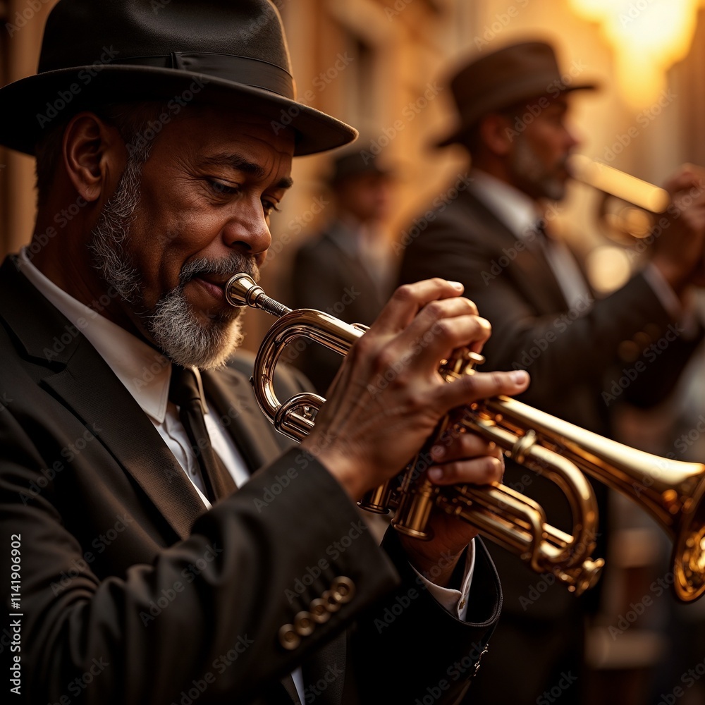 Obraz premium Close-up of New Orleans jazz band member playing trumpet with blurred fellow musicians in the background