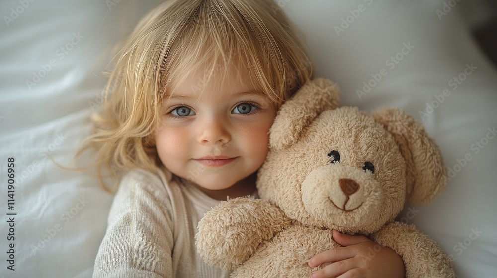 Sweet child cuddling teddy bear in cozy setting Sweet child cuddling teddy bear in cozy setting