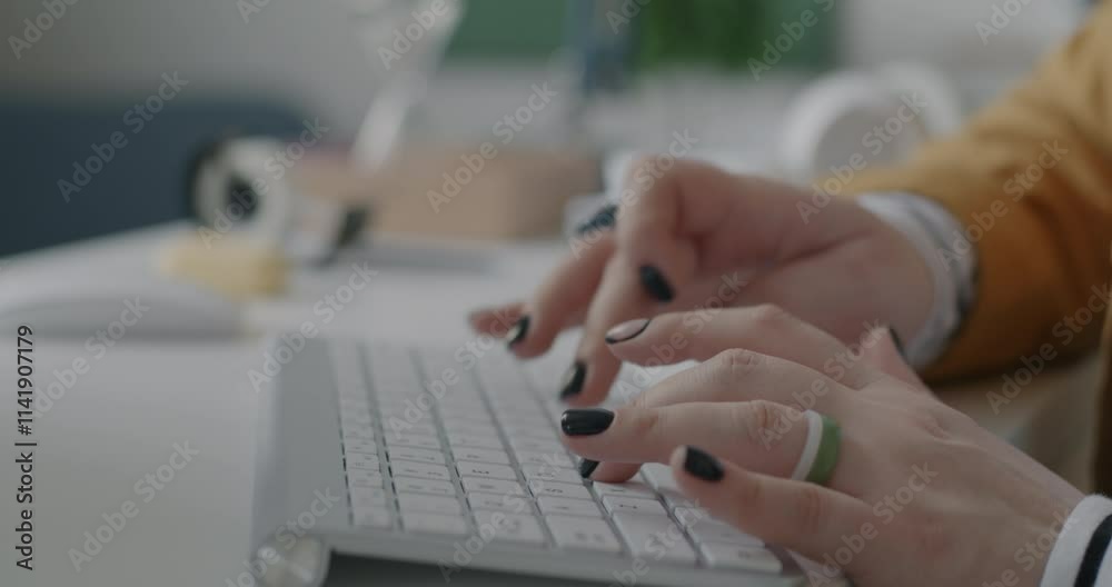 Close-up of female hands typing with wireless computer keyboard while businesswoman working at desk in office. Modern technology and business concept.