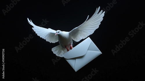 White dove with outstretched wings carrying envelope containing letter isolated on black background