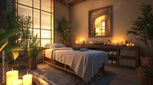 A calm and comfortable massage room with plants, candles, and wooden furniture