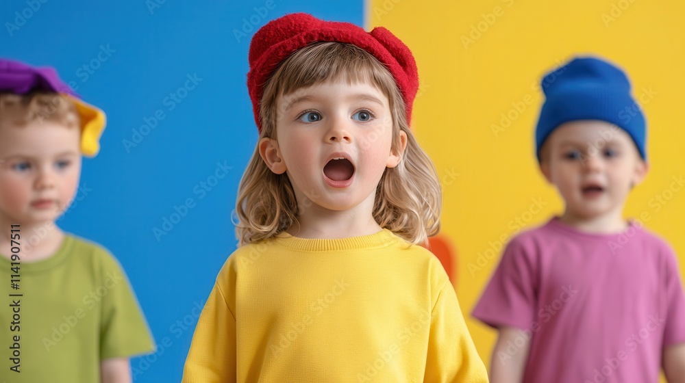 Primary play is colorful and imaginative. Four children in colorful outfits singing joyfully together. Primary play is colorful and imaginative. Four children in colorful outfits singing joyfully together.