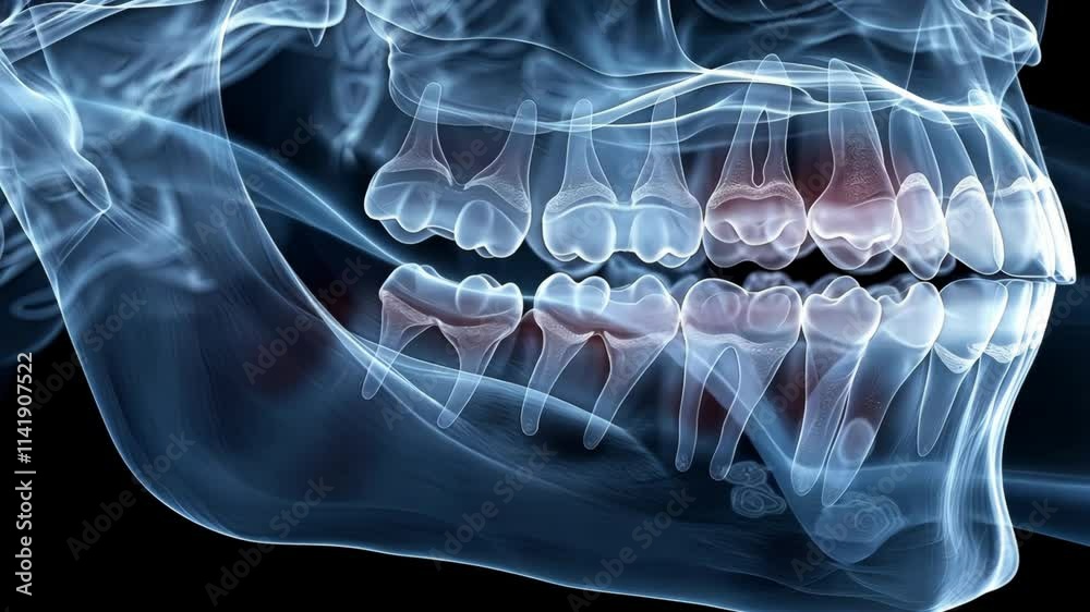 X-ray of human jaw and teeth with glowing blue overlay, dental health ...