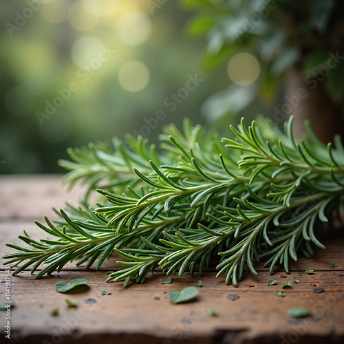 Close-up of Provence herbs like rosemary and thyme on rustic wooden table photo