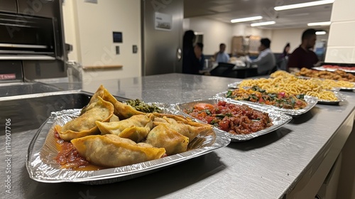 A multicultural potluck party in a break room, where employees bring homemade dishes from their countries, laid out buffet-style. Plates of samosas, pasta, dumplings, and pastries unite everyone 