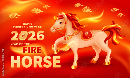 Fire Horse 2026 Chinese New Year symbol. Fire Element Zodiac animal vector illustration. Lunar calendar artwork, traditional asian festival design. Lucky sign. Chinese Translation Horse