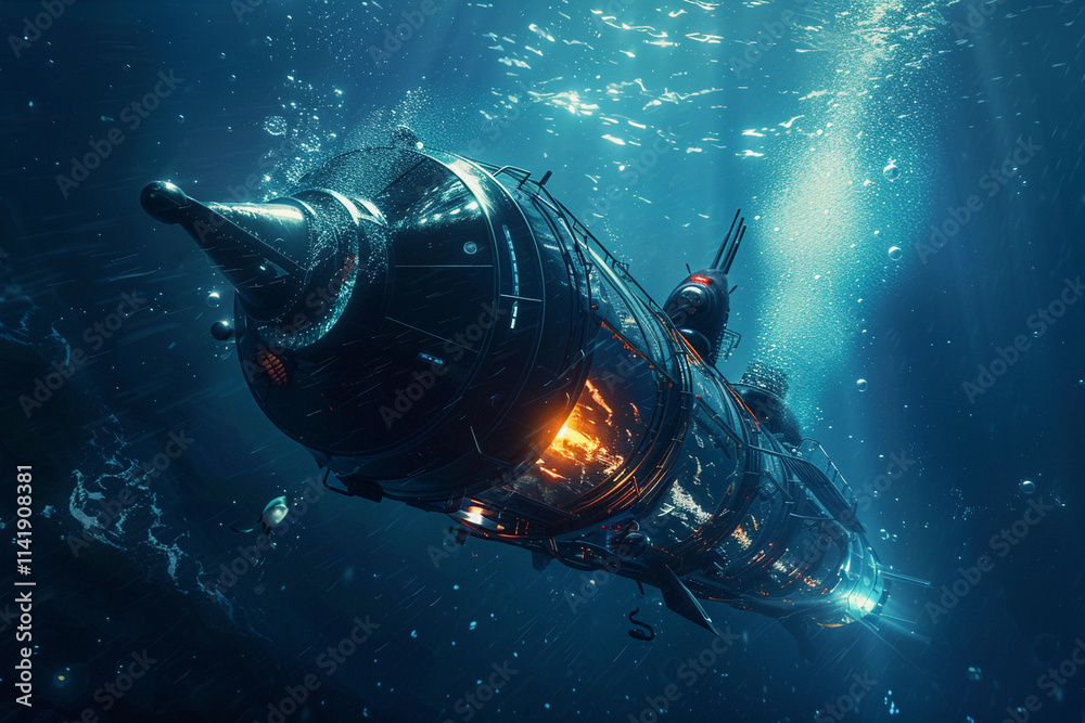Beautiful large bathyscaphe floating in middle of ocean during exploration Beautiful large bathyscaphe floating in middle of ocean during exploration