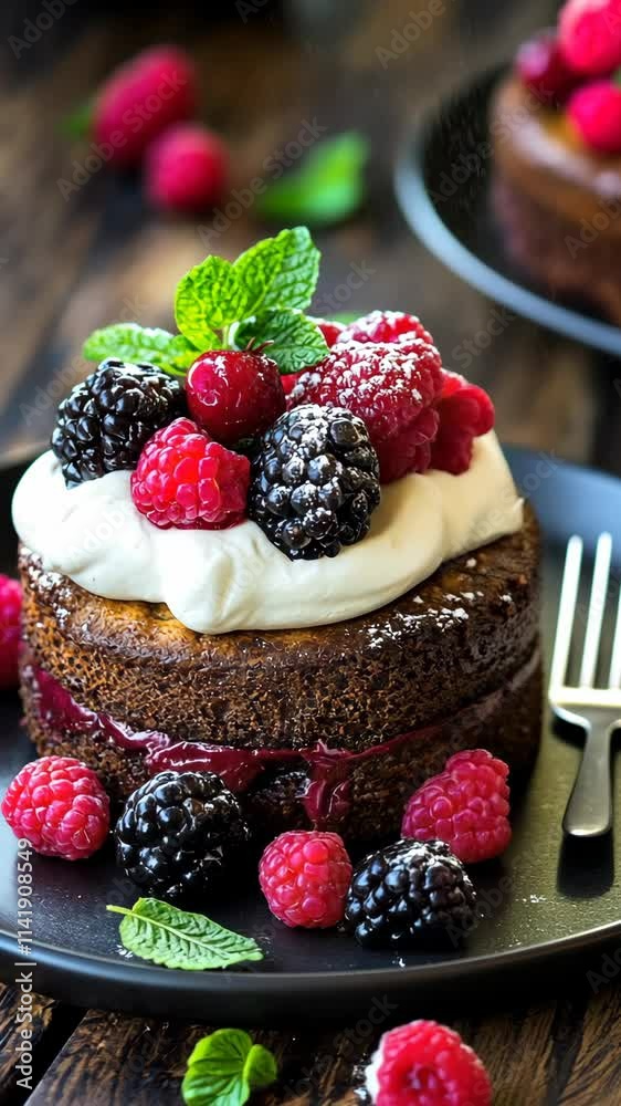 Delicious chocolate cake topped with fresh berries and whipped cream on a rustic table Delicious chocolate cake topped with fresh berries and whipped cream on a rustic table