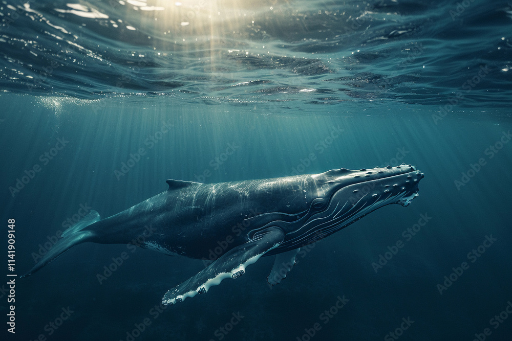 Fototapeta premium Fantastically beautiful majestic huge whale in blue ocean