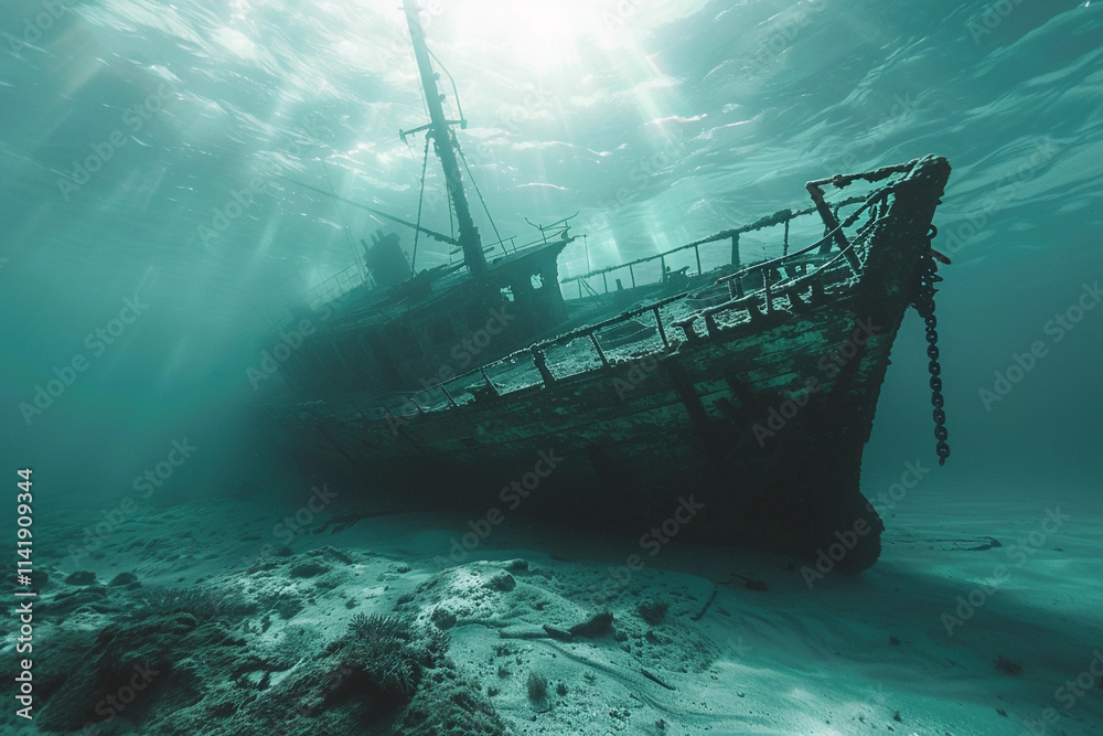 Underwater view of an sunken ship on seabed with fish swimming around Underwater view of an sunken ship on seabed with fish swimming around
