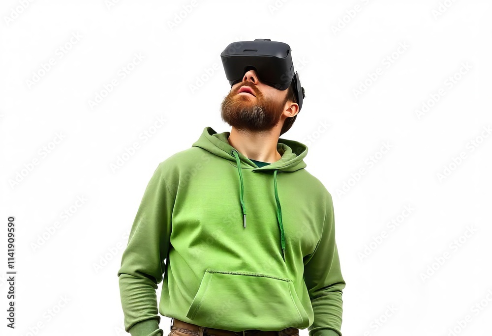 Adult bearded male wearing a VR headset looking upward with a surprised expression isolated on a white background Adult bearded male wearing a VR headset looking upward with a surprised expression isolated on a white background