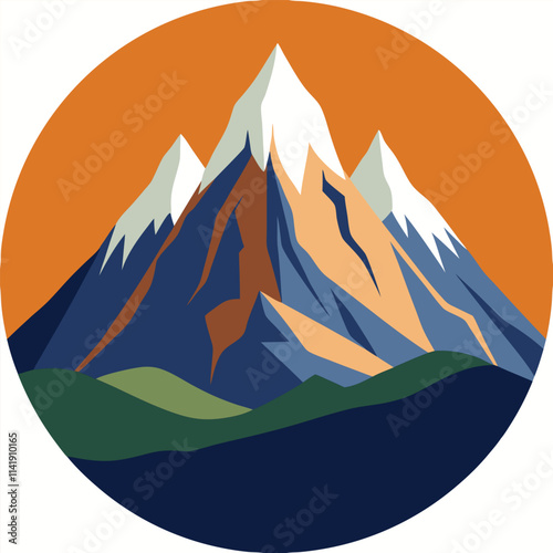 A vector illustration showcases a mountain landscape with a snow-capped peak under a summer sky