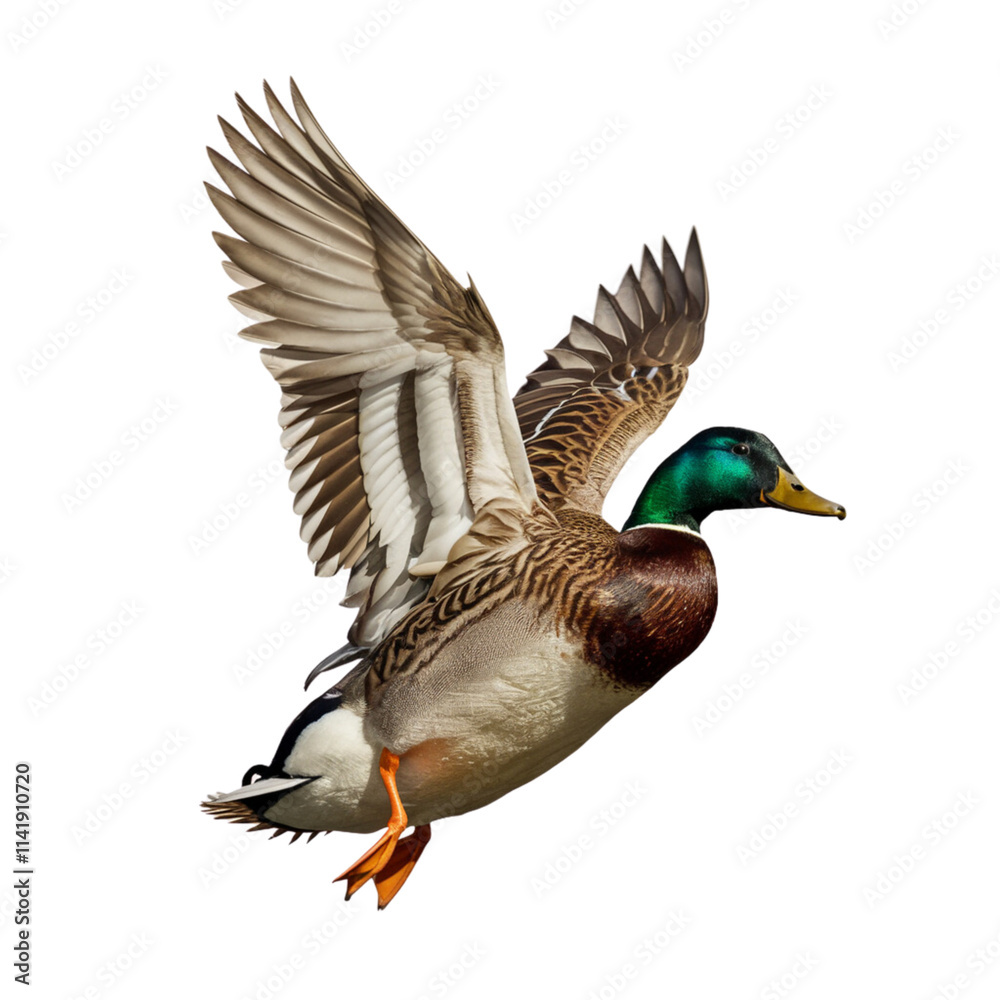 Obraz premium Mallard Duck in Flight: A majestic mallard duck soars through the air, its wings spread wide, showcasing the beauty and grace of nature.