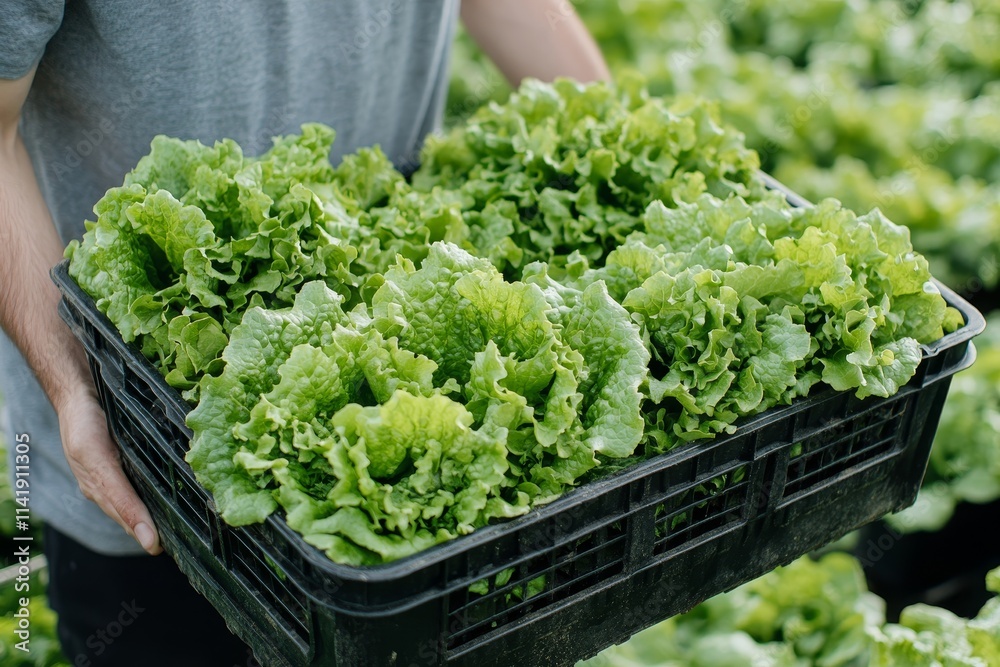 Fresh from farm. Gardener carrying crate of fresh lettuce from farm ready to sell to client, Generative AI