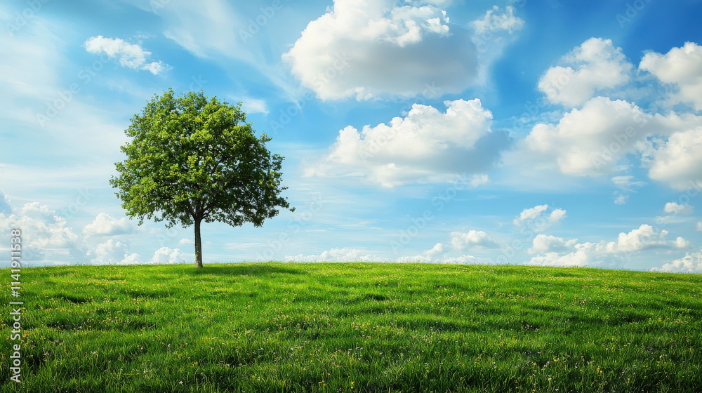 Serene Landscape Scene with Lush Green Grass and Lone Tree Under Bright Blue Sky with Fluffy White Clouds Serene Landscape Scene with Lush Green Grass and Lone Tree Under Bright Blue Sky with Fluffy White Clouds
