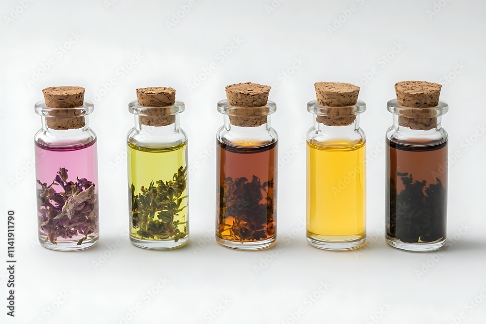 Small glass bottle of essential oils isolated on white Small glass bottle of essential oils isolated on white