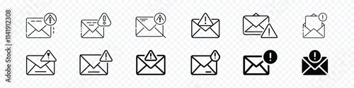 Email warning icon sign, Email with warning sign, Mail icon. Envelope sign.   Email icon. Letter icon. Spam icon.