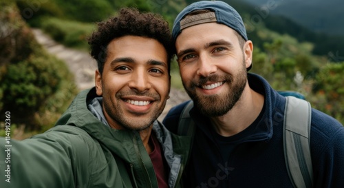 Friendship across cultures: young hispanic and caucasian males hiking in nature